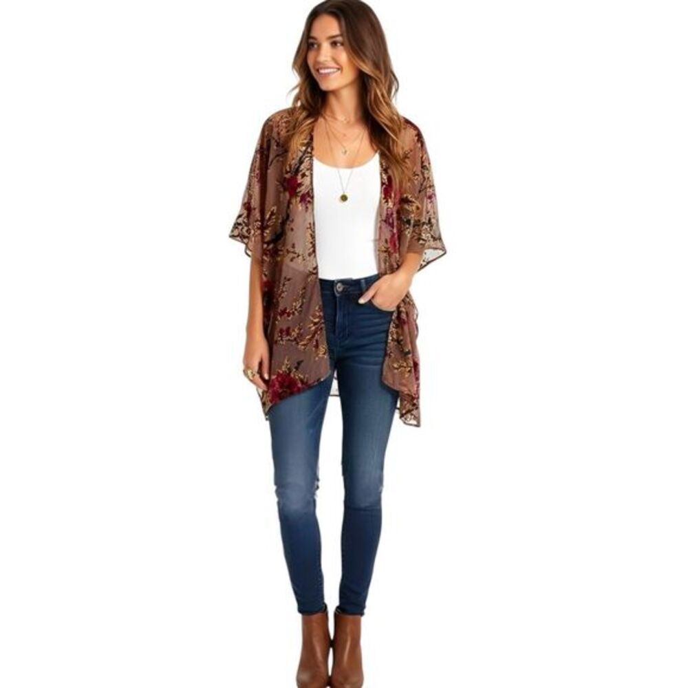 Anthropologie Do Everything in Love Open Kimono Duster Cardigan Floral Velvety